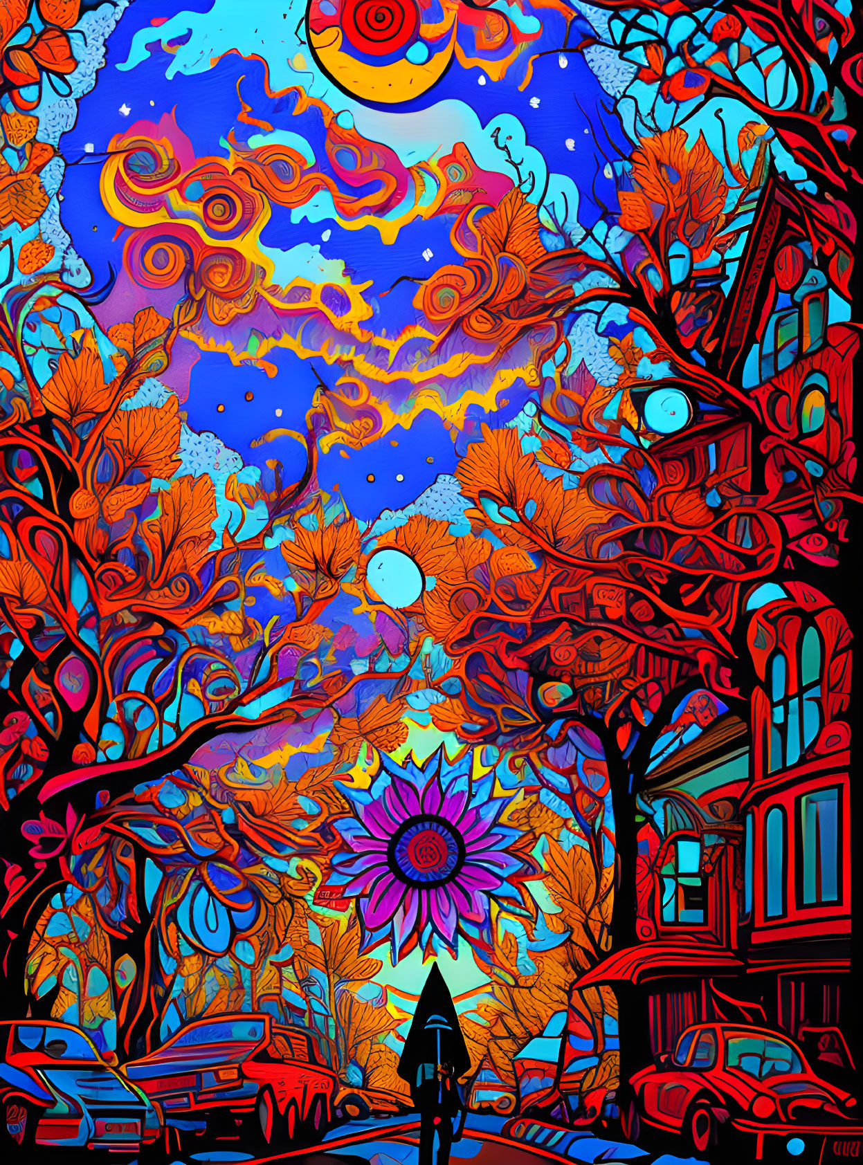 Colorful illustration of person walking among whimsical buildings and cars under psychedelic autumn sky.