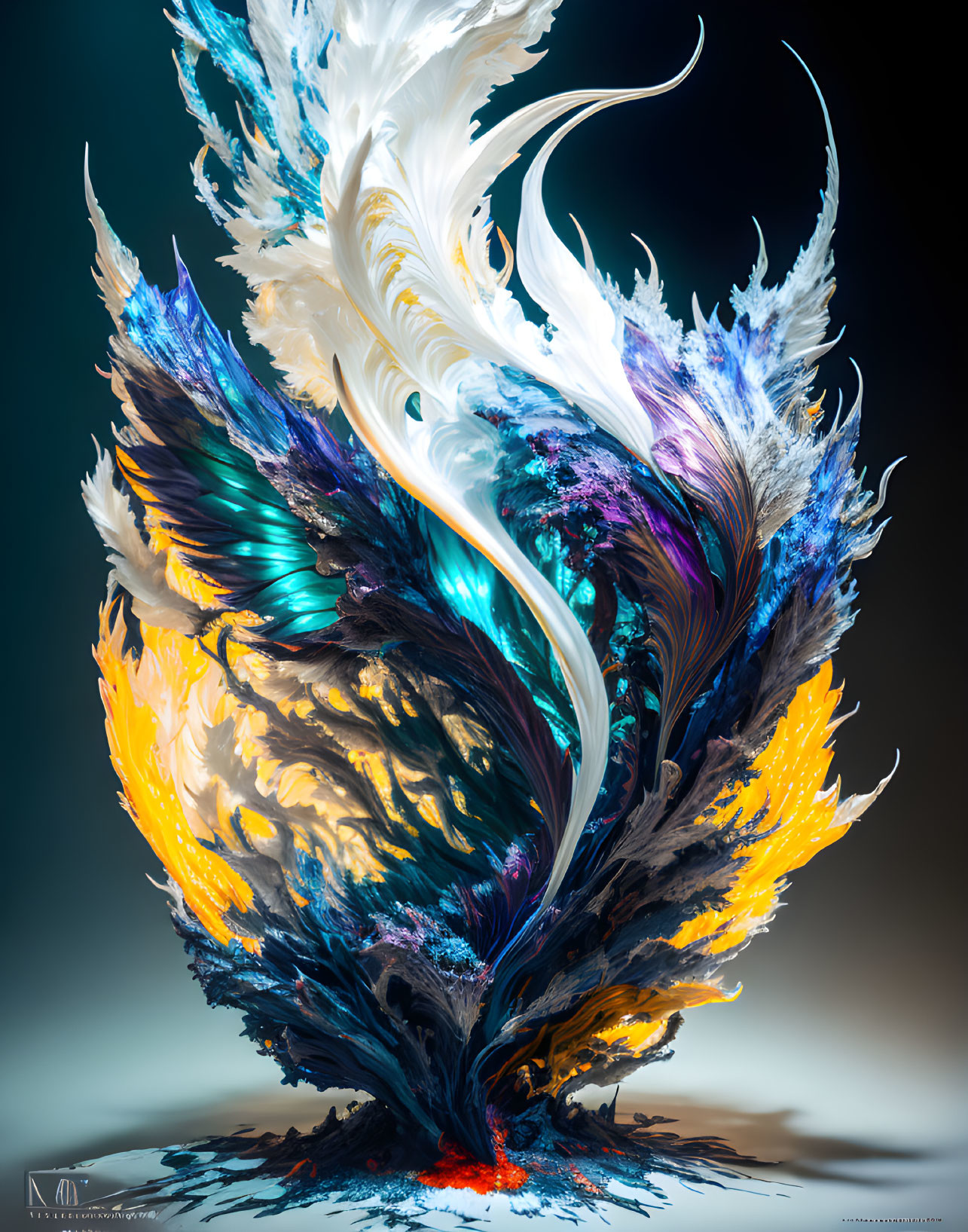 Abstract swirl of blue, yellow, and white feathers in dynamic form