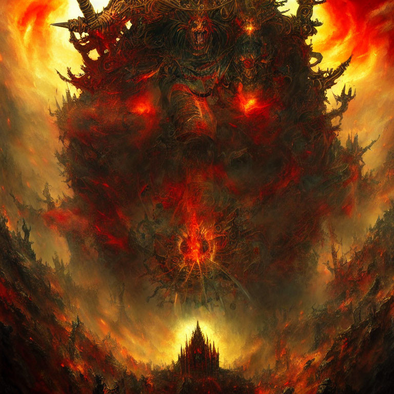 Sinister dark fortress in fiery apocalyptic landscape