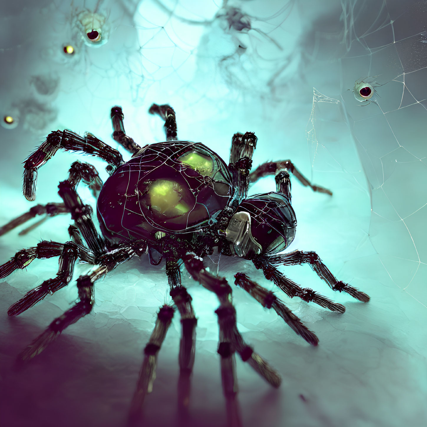 Glossy black robotic spider with green glowing elements in dim setting