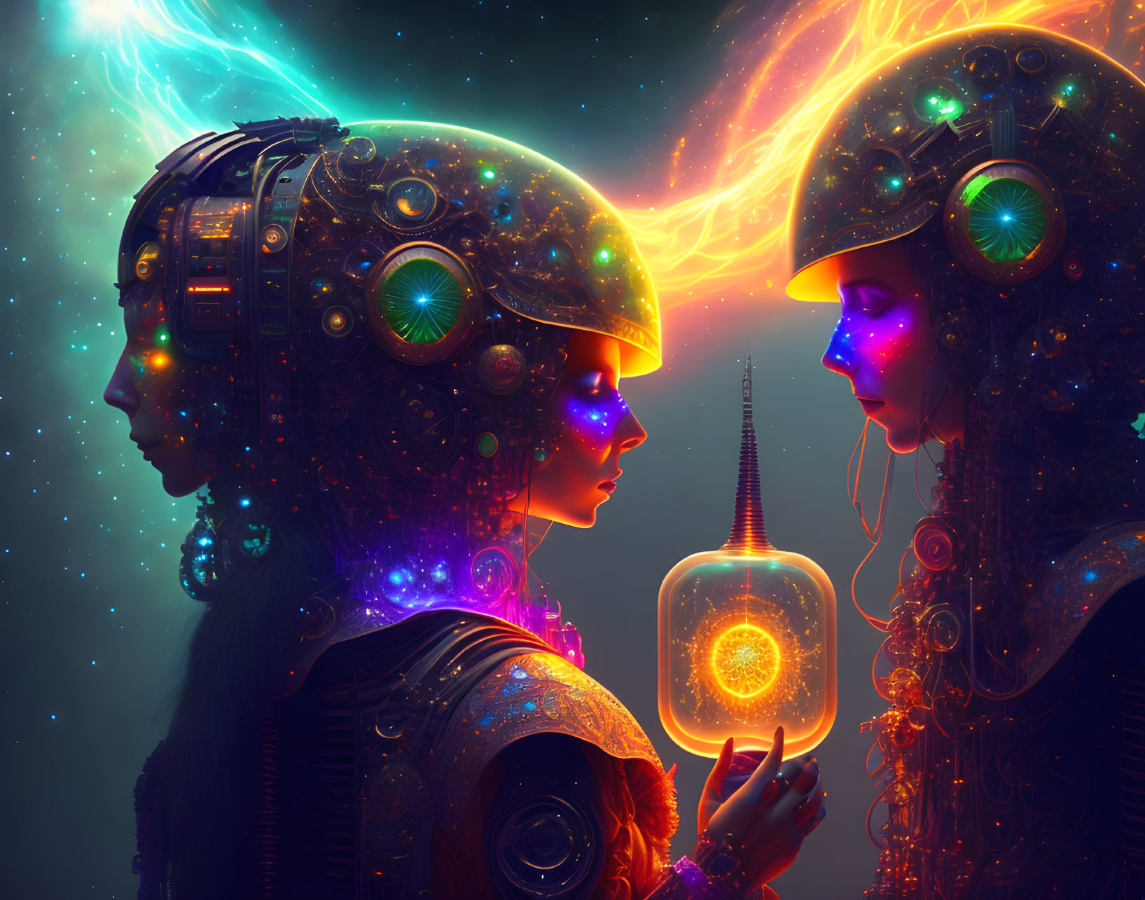 Detailed Robotic Faces in Neon Colors on Cosmic Background