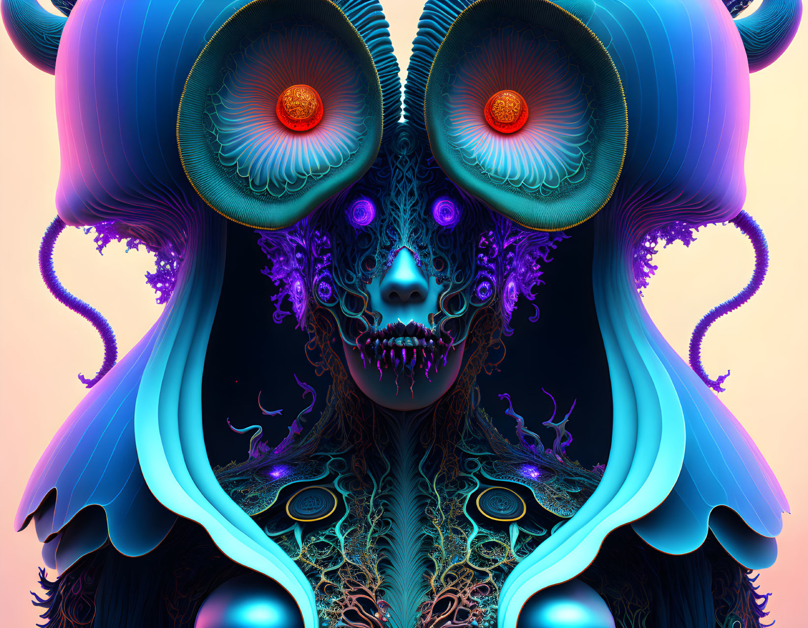 Colorful psychedelic entity with multiple eyes and ornate patterns