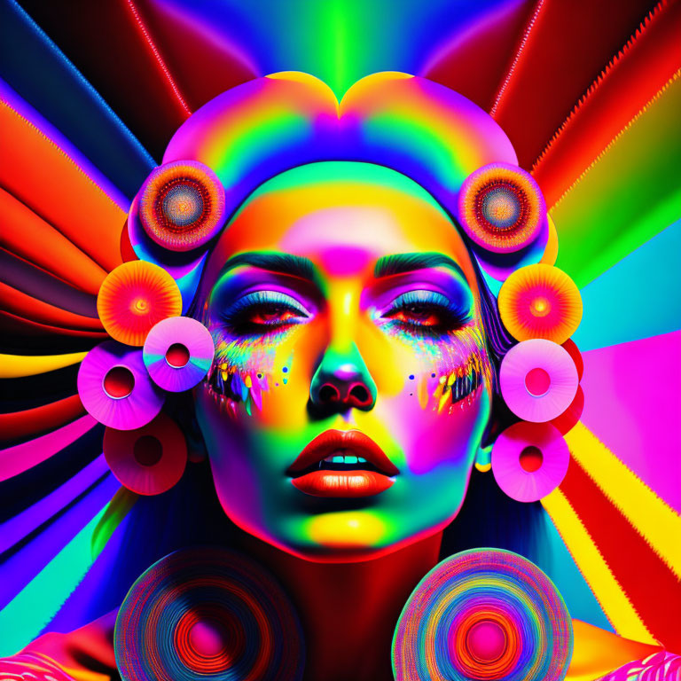 Colorful Digital Artwork: Woman with Neon Paint and Abstract Patterns