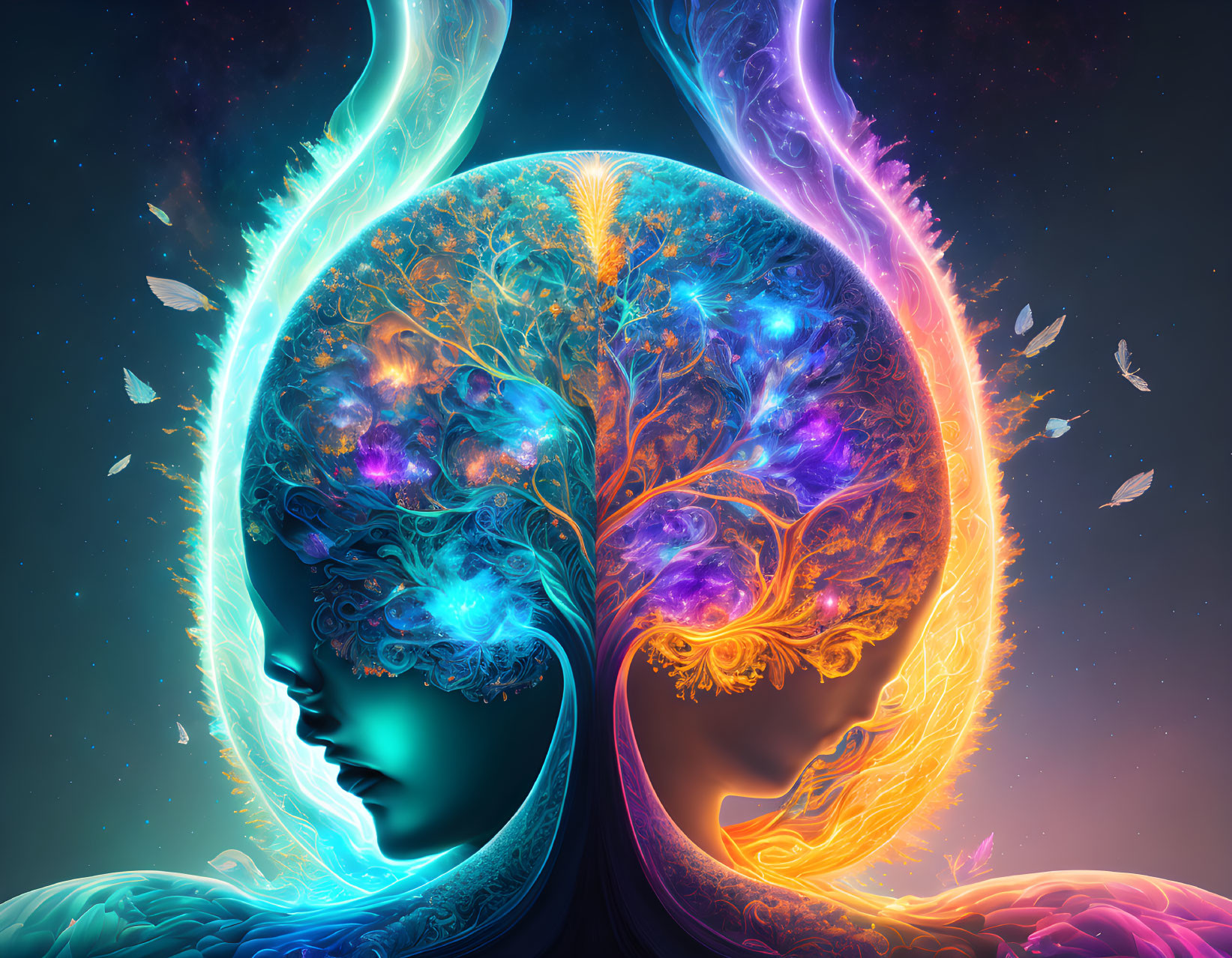 Colorful digital artwork: Two profiles with tree-like brain structures