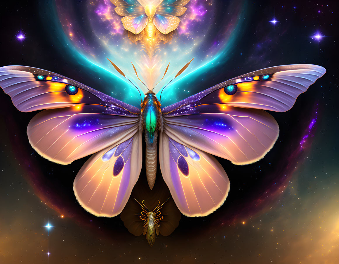 Colorful cosmic butterfly in starry space: digital artwork