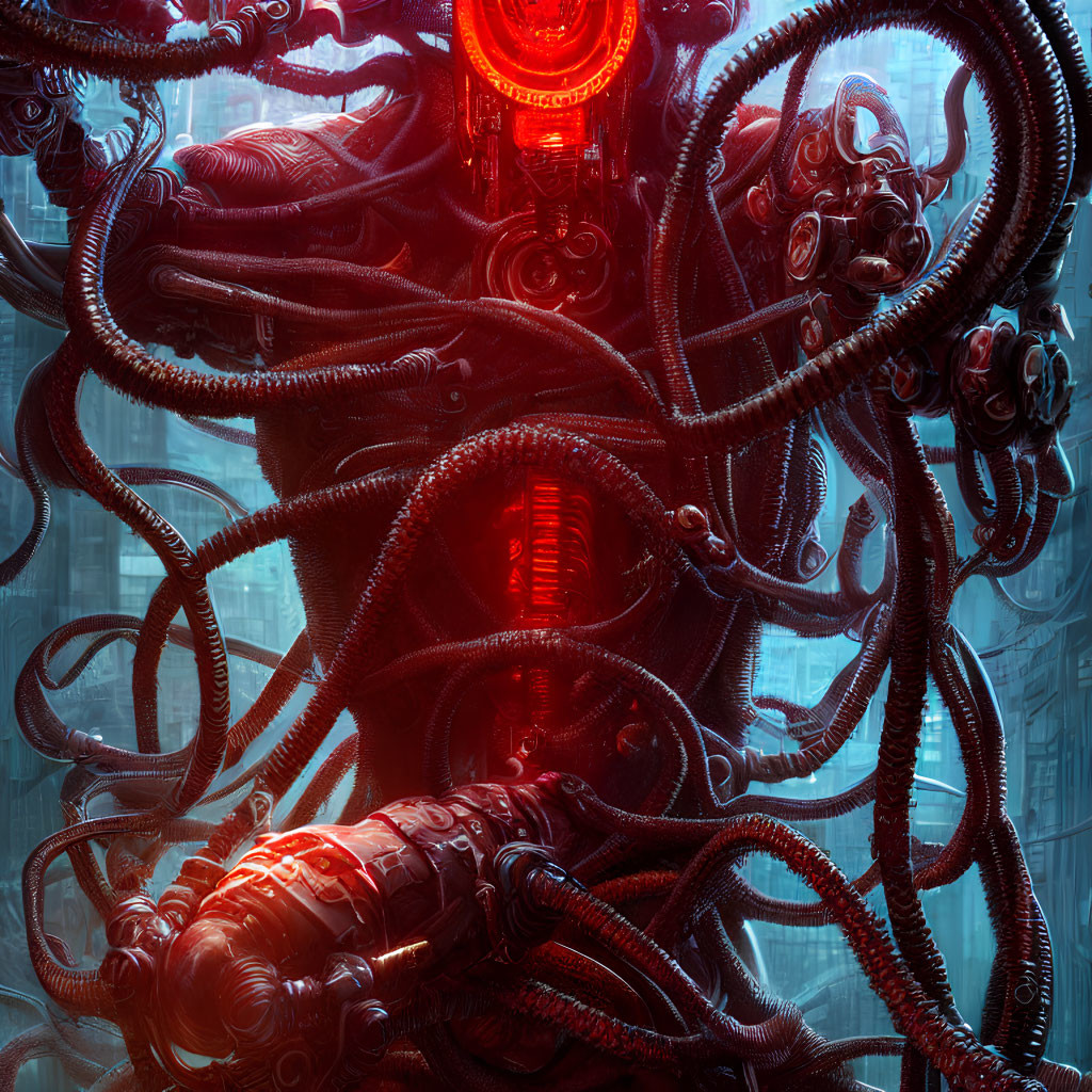 Red and Black Mechanical Tentacles Surround Glowing Core