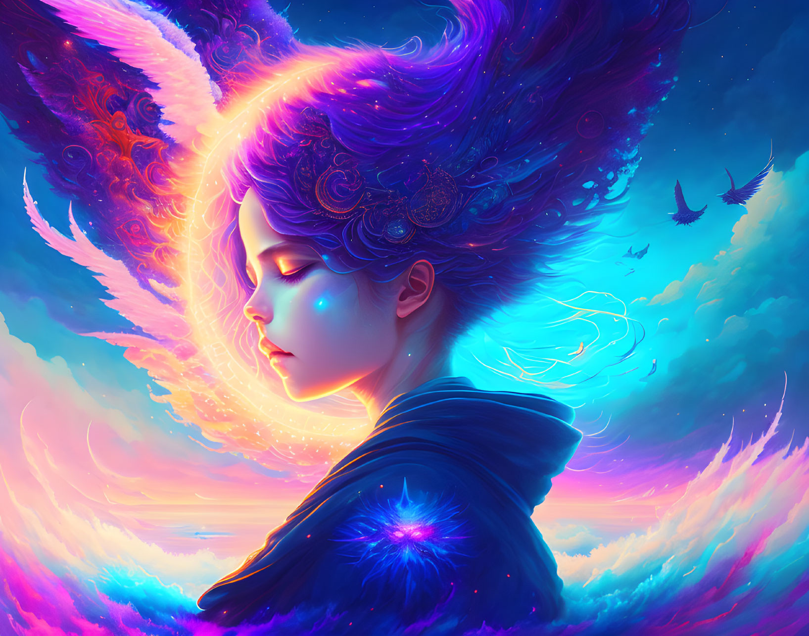 Profile View Digital Artwork: Woman with Elaborate Hair & Celestial Theme on Colorful Back