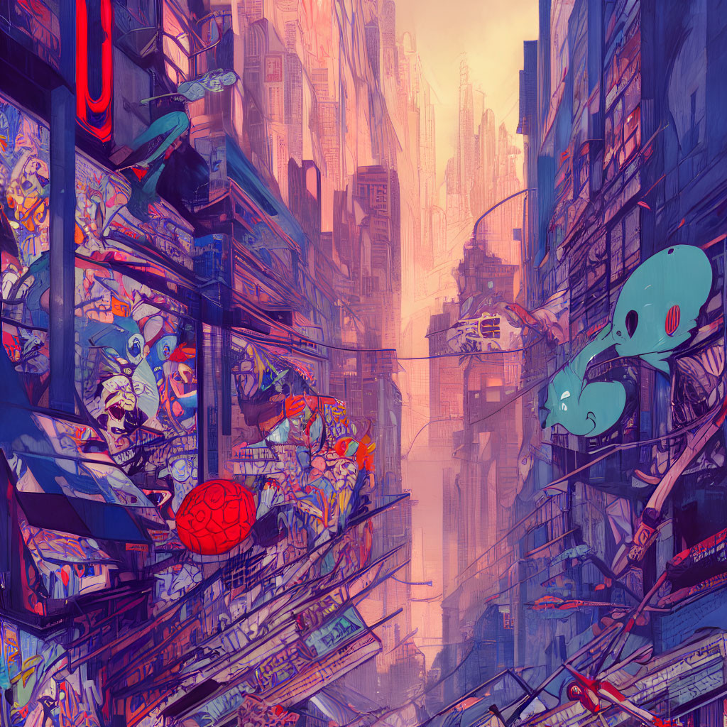 Neon-lit cyberpunk cityscape with alien landscape and graffiti reflections