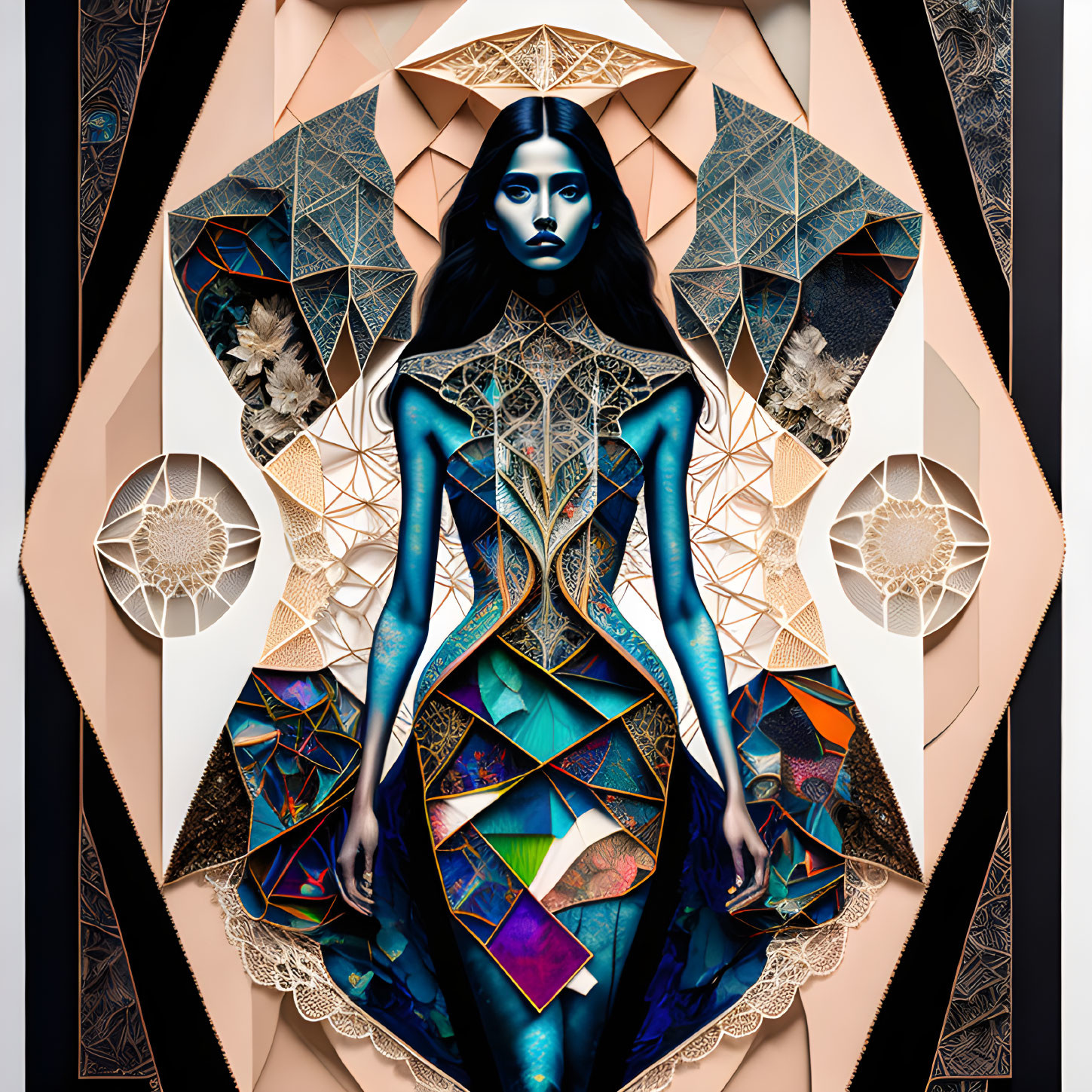 Geometric digital art: Woman with dark hair in symmetrical cool tones