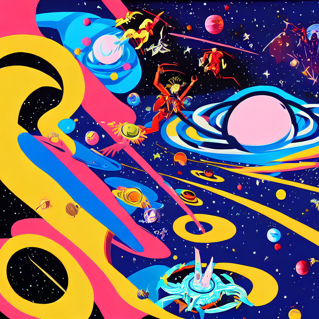 Colorful Psychedelic Space Scene with Planets and Characters