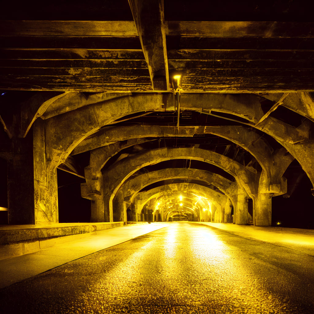 Illuminated Tunnel with Arched Concrete Supports and Warm Yellow Lighting at Night