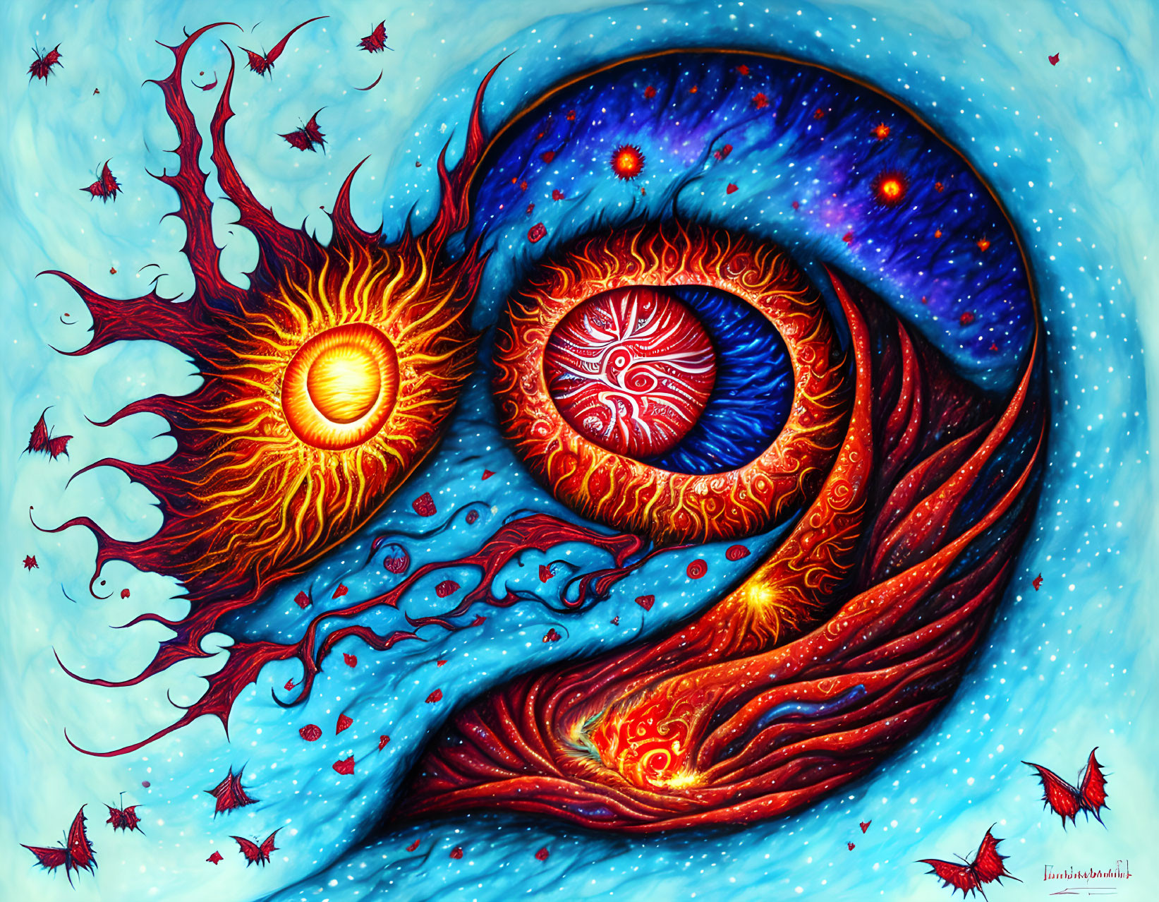 Abstract Painting: Eyes, Sun, Moon, Celestial Motifs