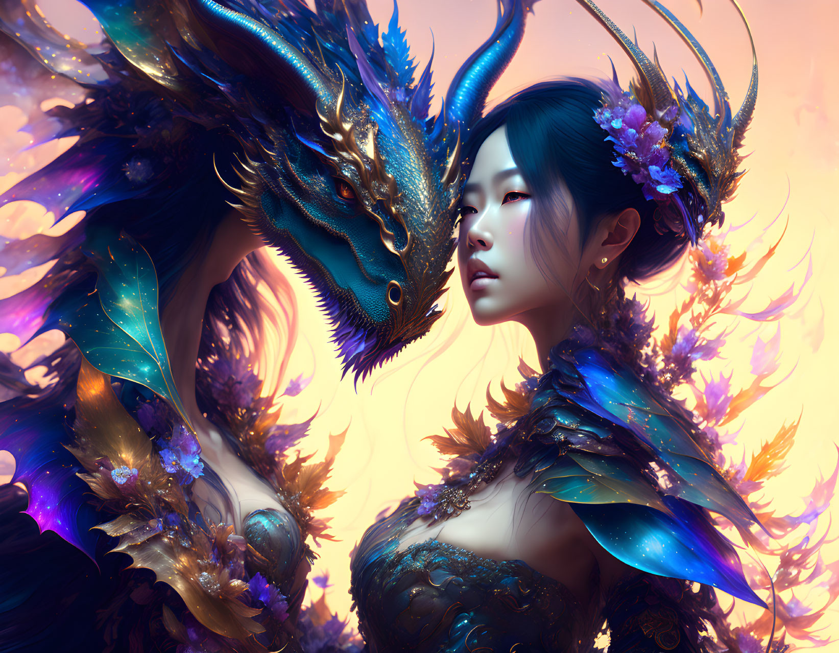 Woman in ornate attire with dragon in vibrant blue and gold hues against warm backdrop