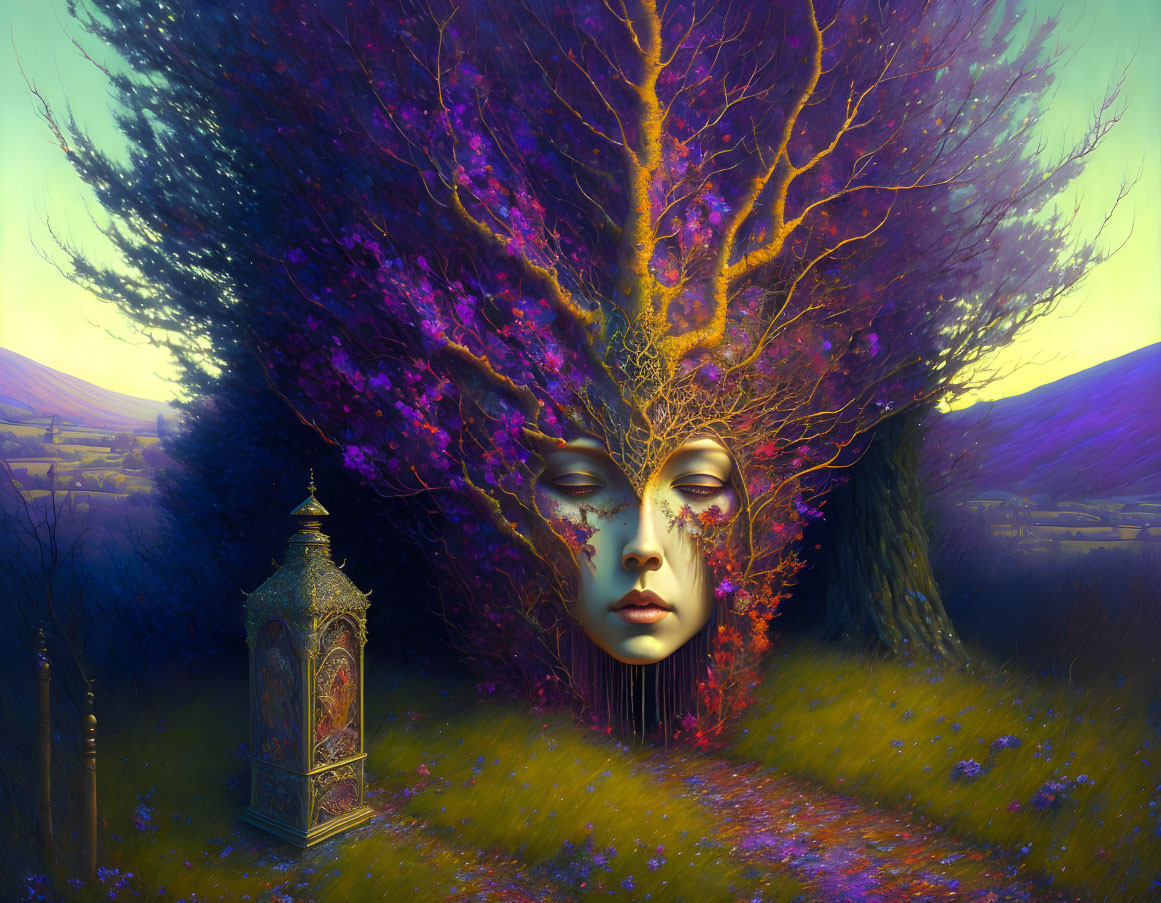 Vibrant tree merging with face in surreal landscape with meadow, hills, and lantern