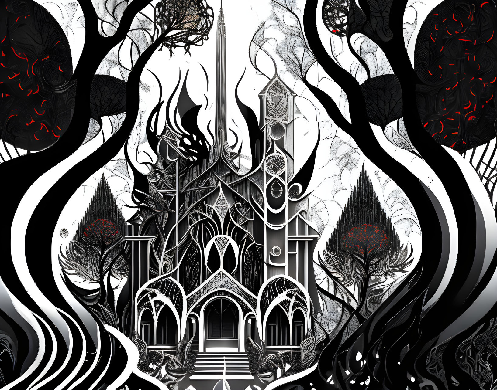 Detailed black-and-white gothic building surrounded by swirling trees under a dramatic sky