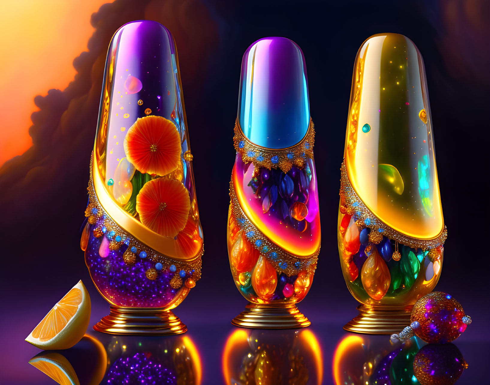 Colorful Gemstone Accented Lava Lamps on Moody Background with Citrus Slice