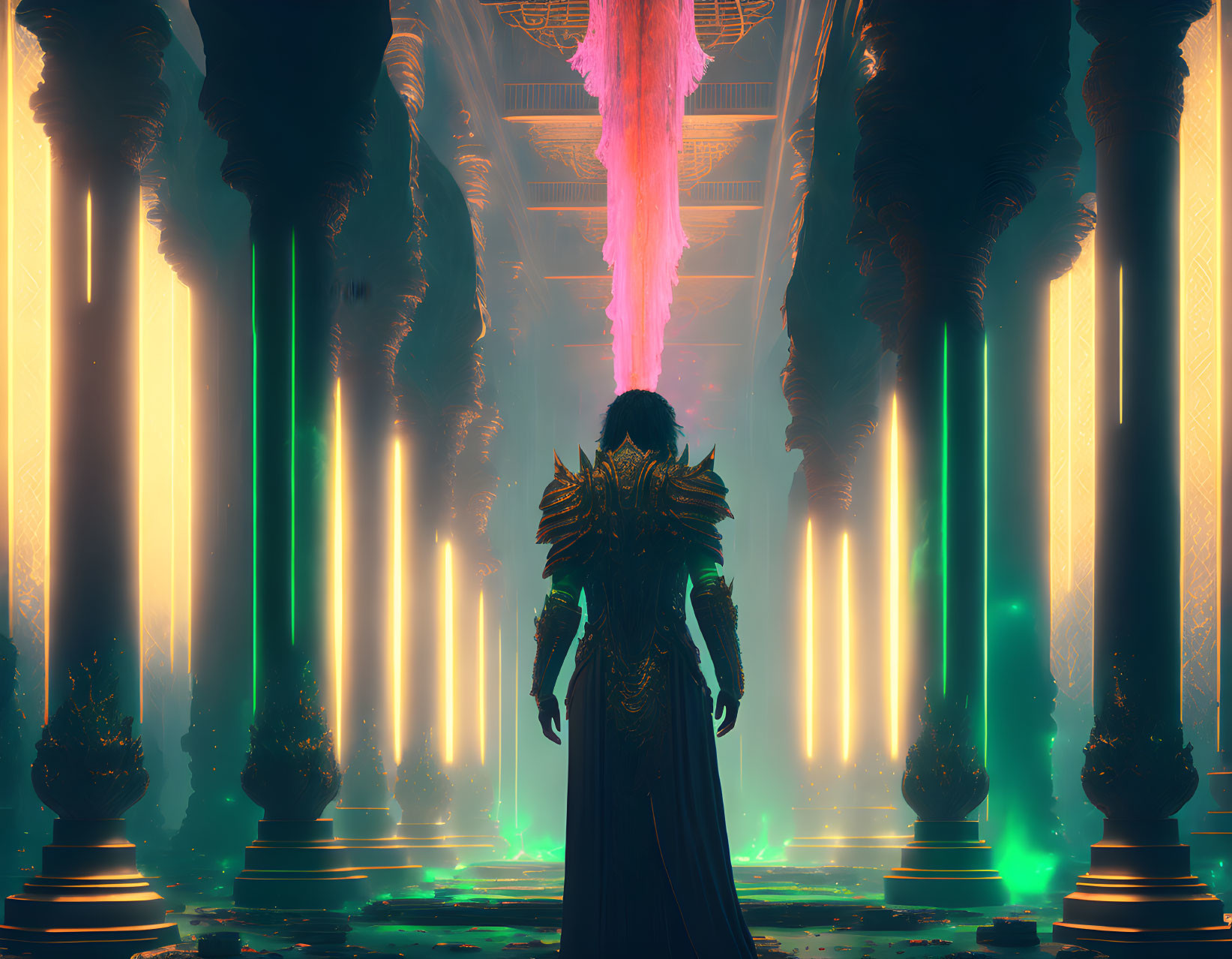 Ornate armor warrior in futuristic hall with neon lights