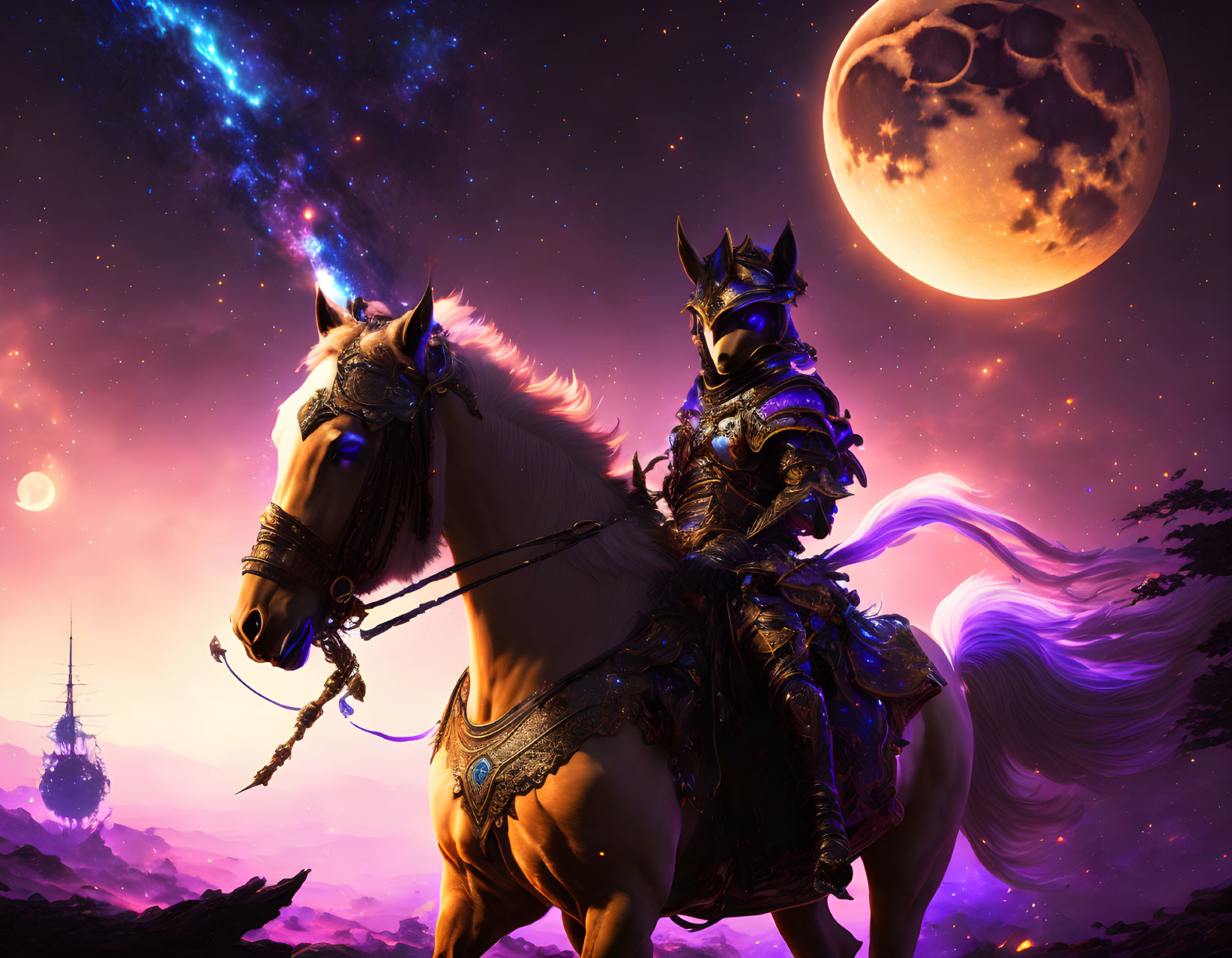 Fantasy scene: Black-armored knight on white horse under purple sky