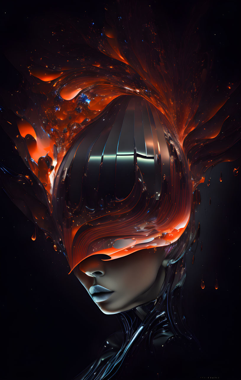 Futuristic humanoid figure in glossy helmet dissolving into liquid-like orange and red elements