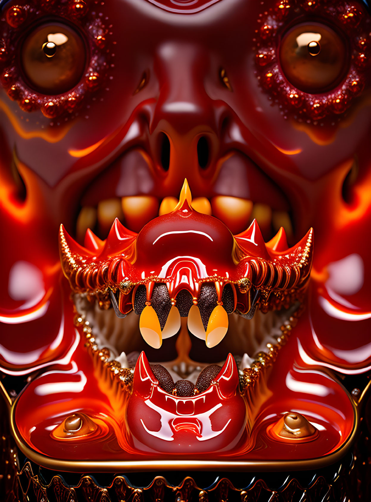 Detailed Red and Gold Japanese Hannya Mask Close-Up