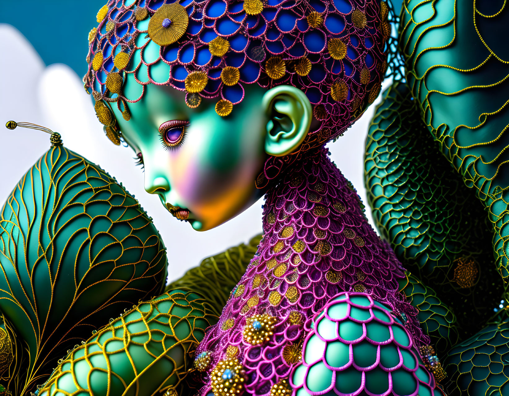 Vibrant digital art: ornate fantasy figure with intricate skin patterns and textured leaves.