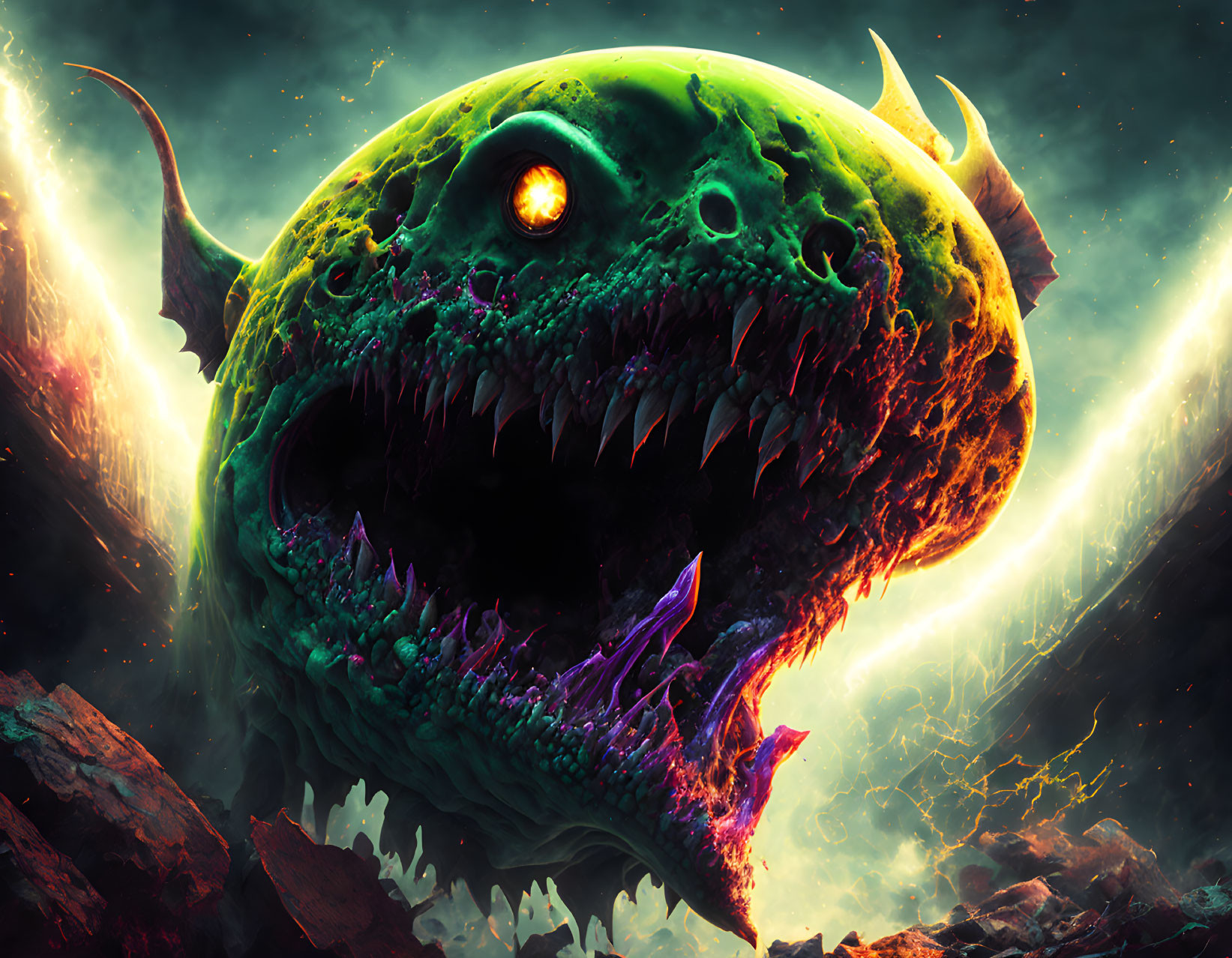 Green creature with sharp teeth and horns in cosmic setting