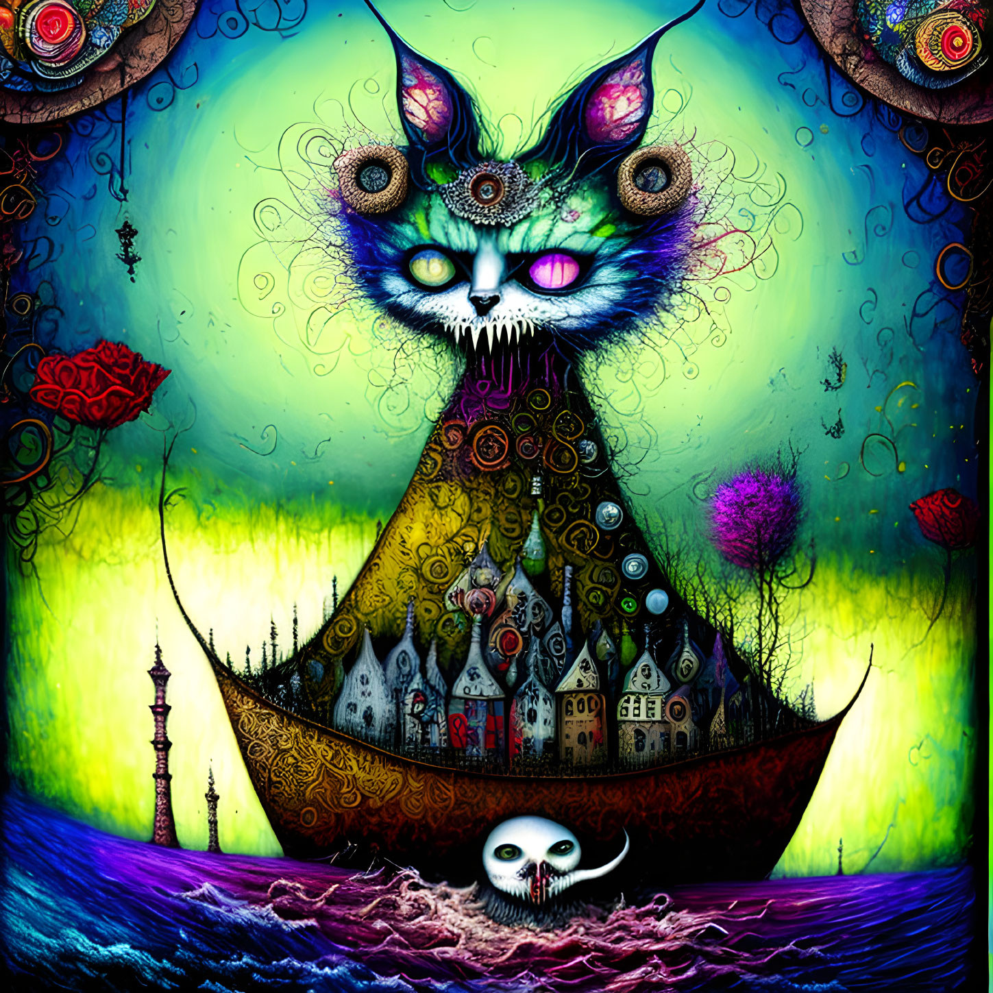 Colorful Three-Eyed Cat Artwork in Whimsical Landscape