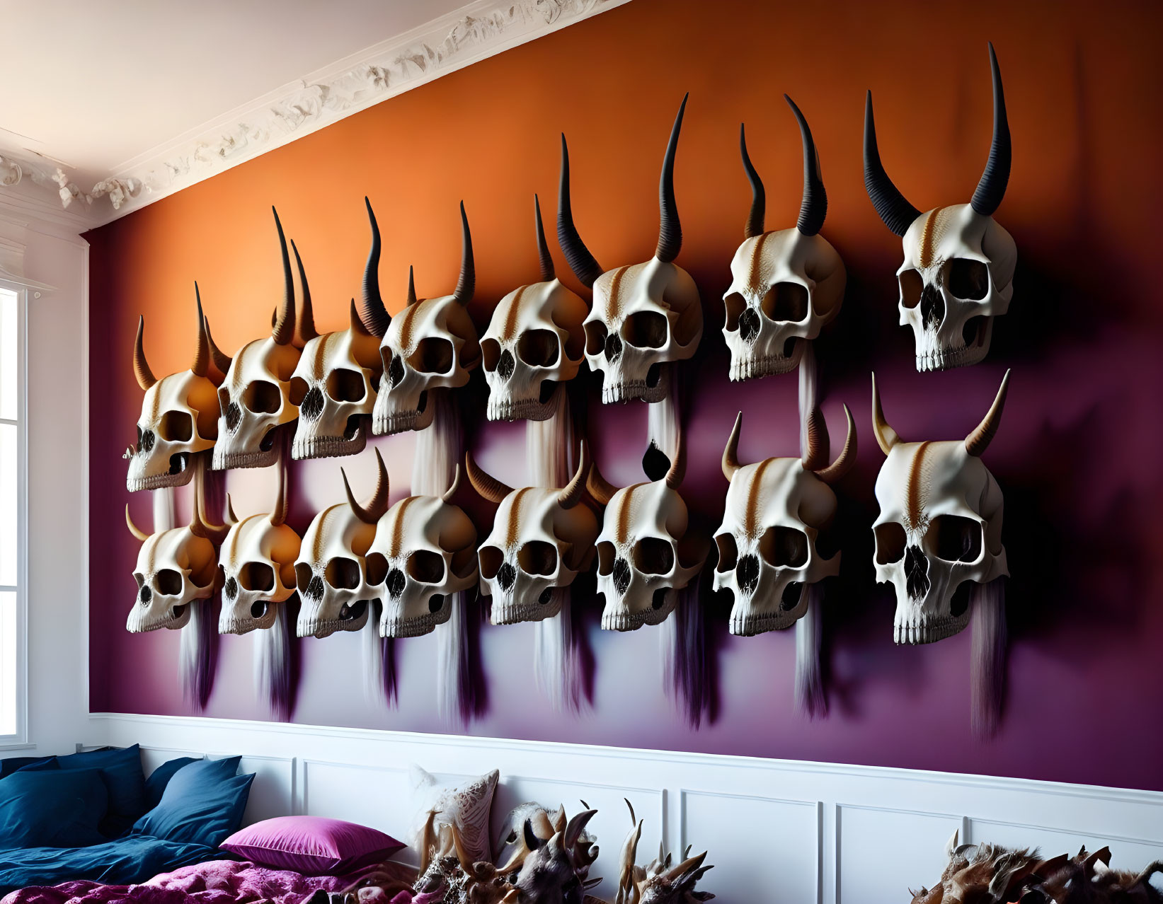 Large animal skulls with long horns on purple wall above white sideboard in room with orange ceiling