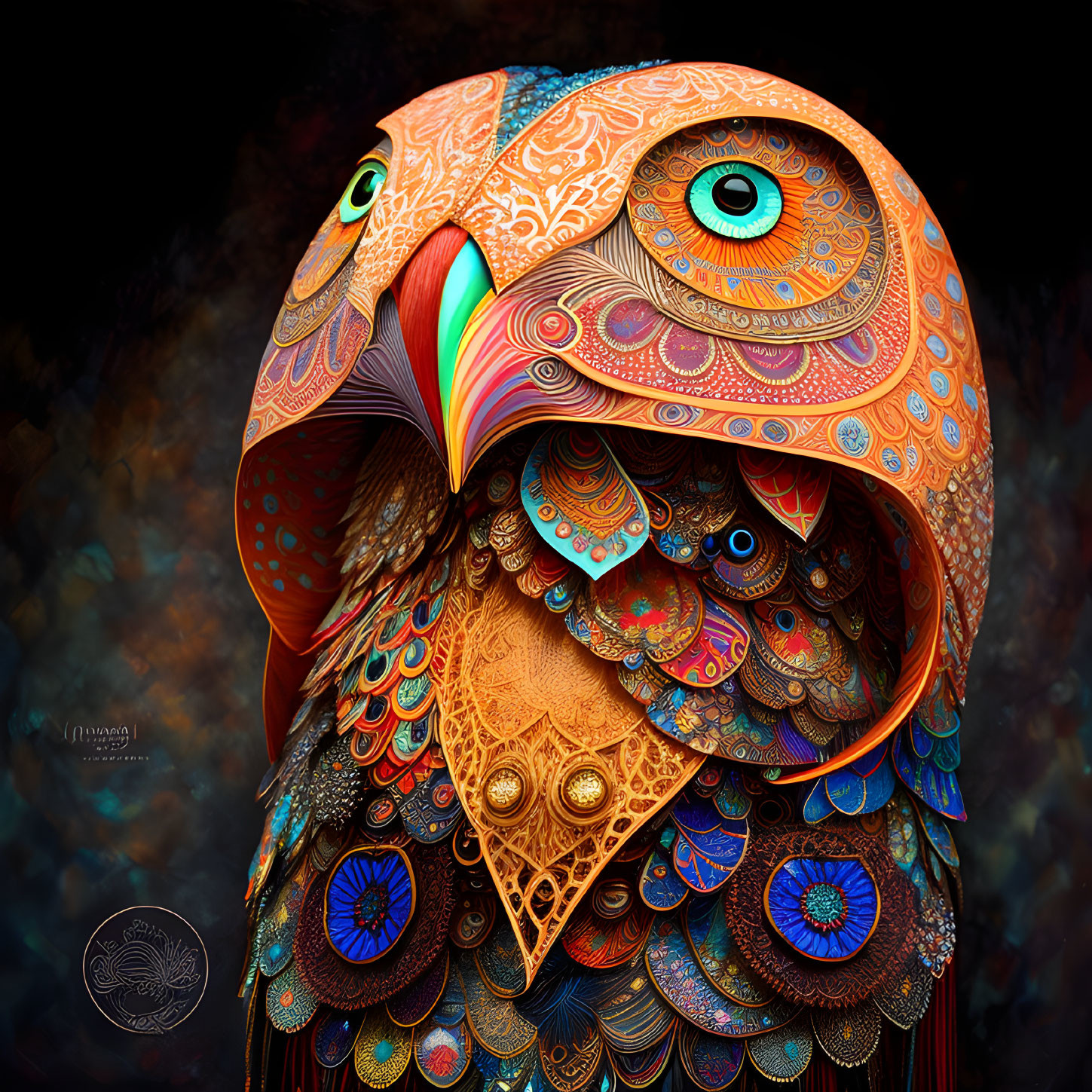 Colorful Owl Artwork with Detailed Feathers and Vibrant Blue Eyes