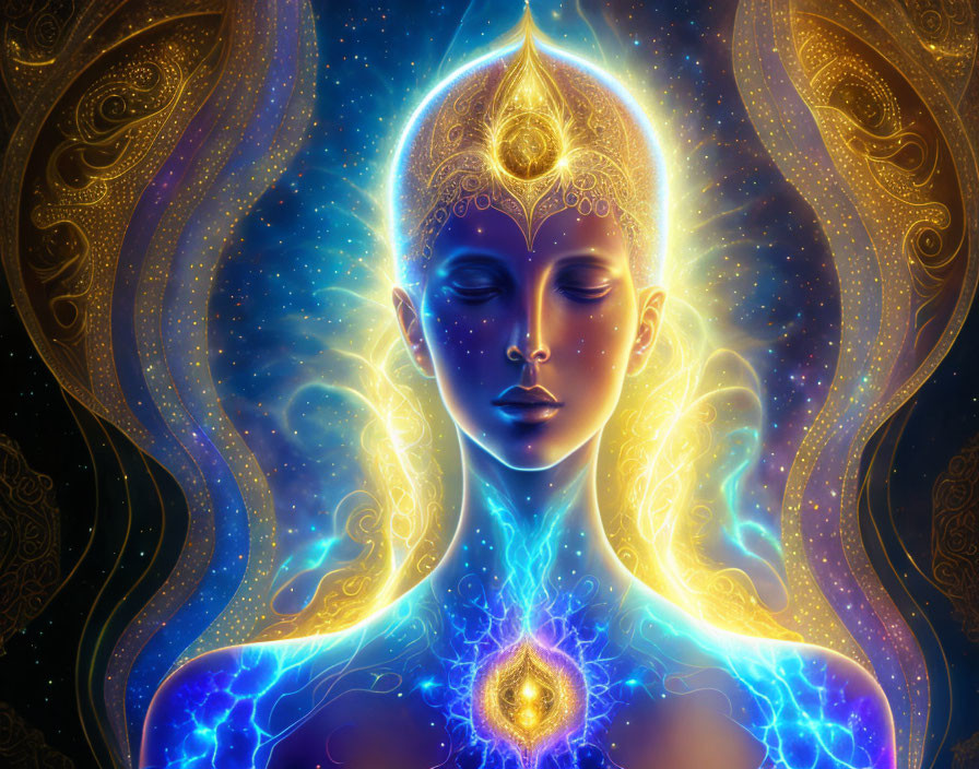 Illustration of a person with closed eyes in cosmic blue and gold energy patterns