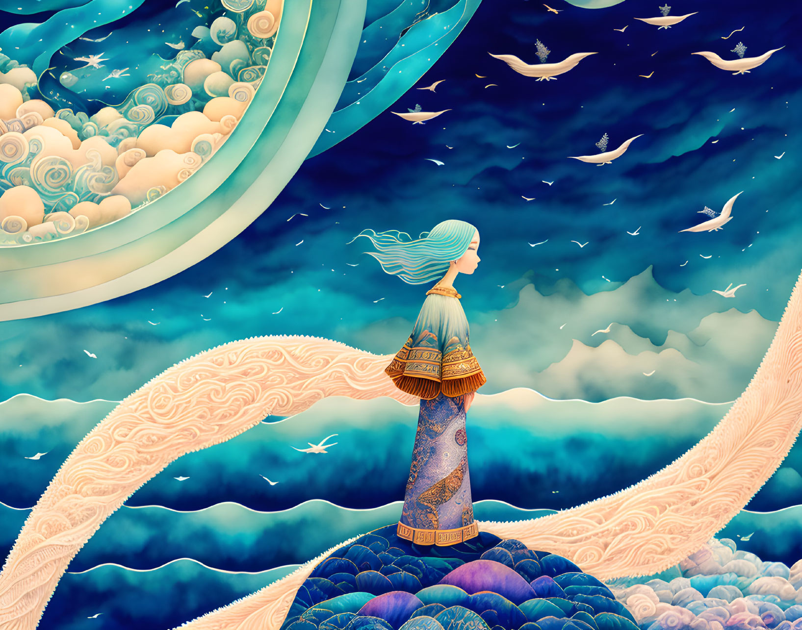 Traditional Attire Woman Gazing at Surreal Sky