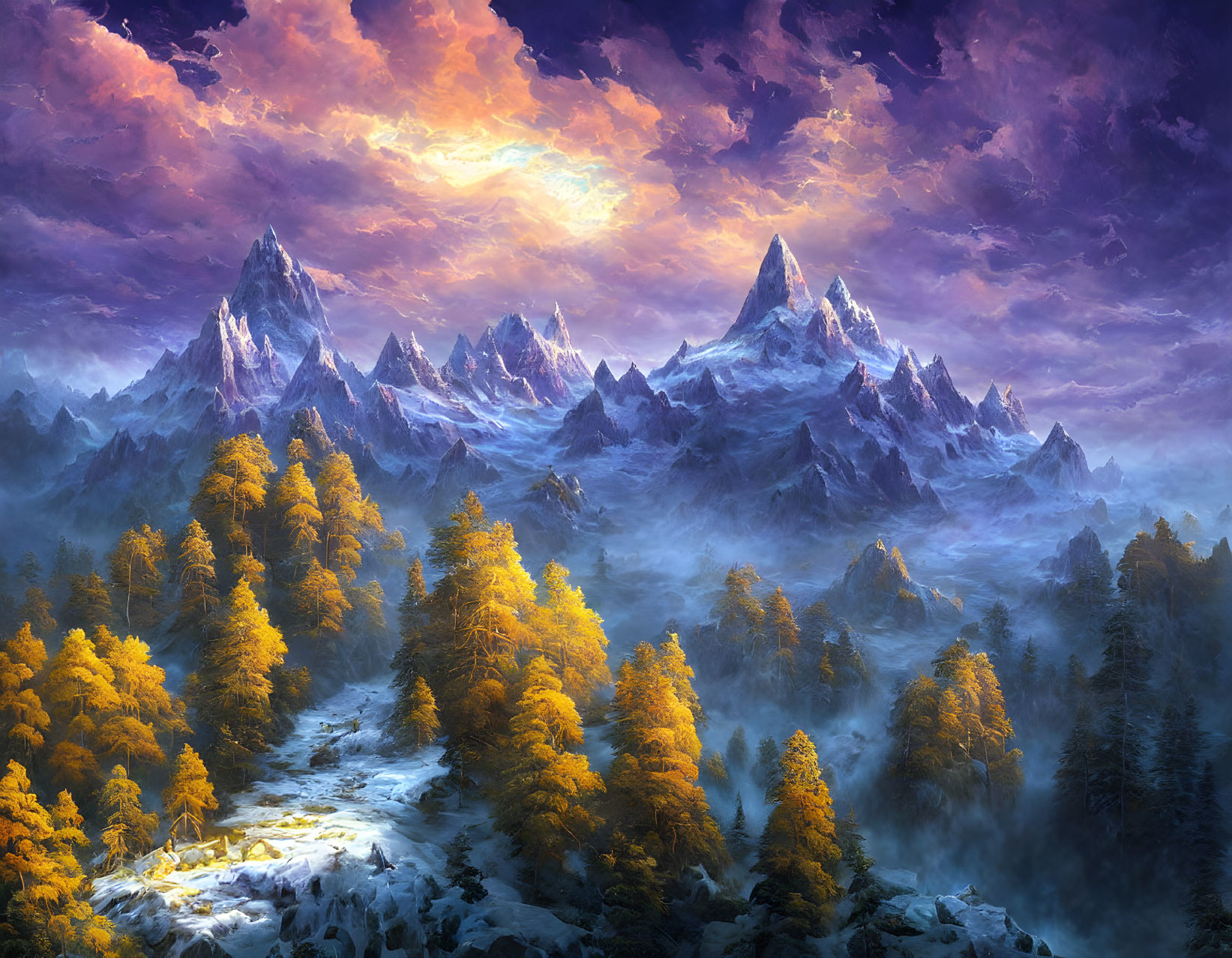 Majestic snow-capped mountains in dramatic sunset landscape