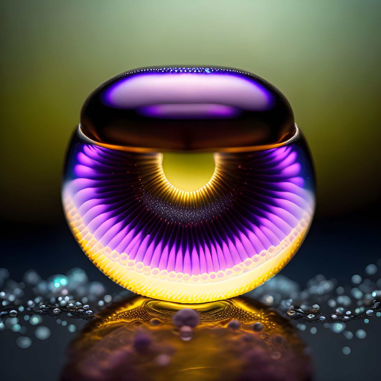 Reflective Glass Orb with Purple and Gold Hues on Gradient Background