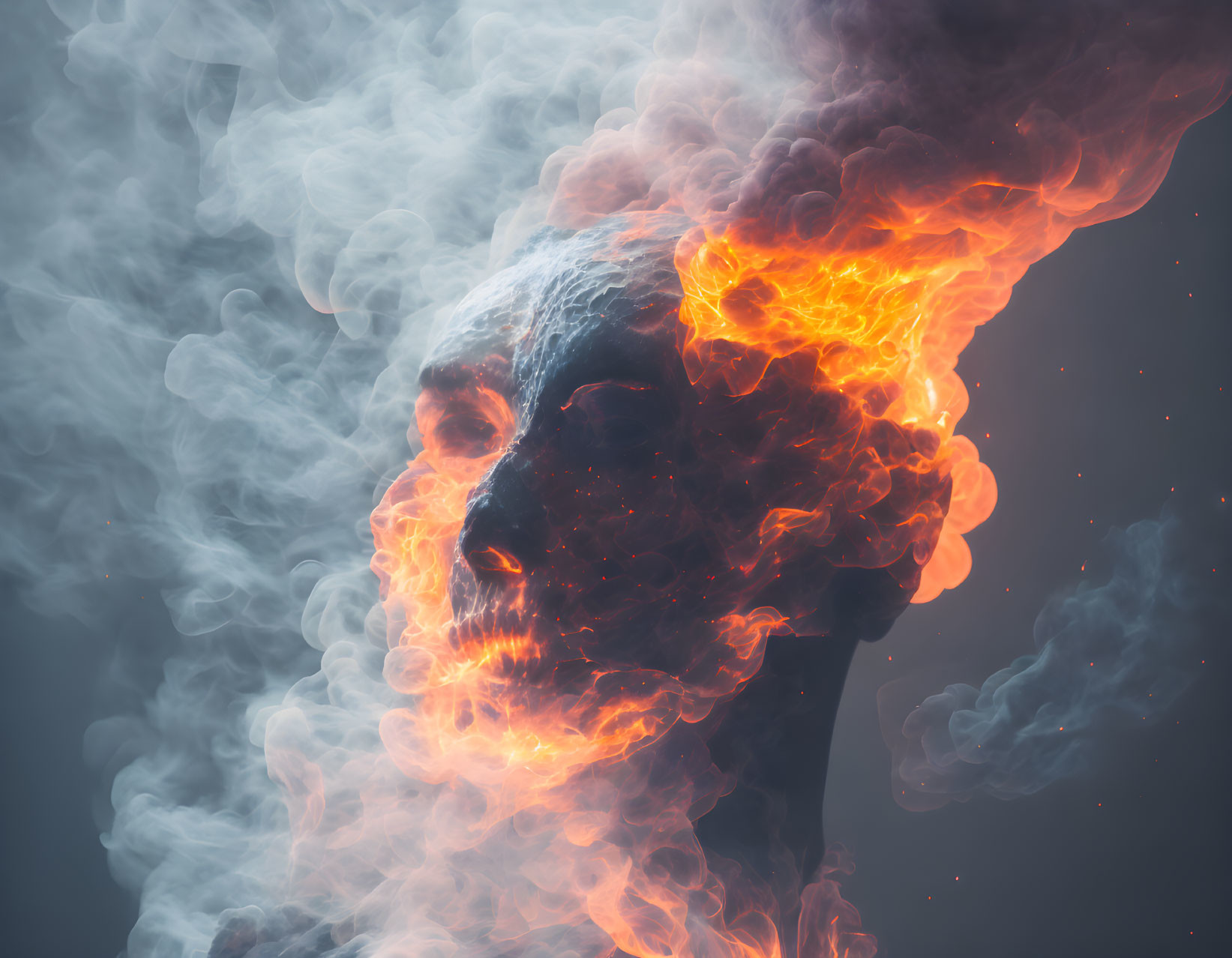 Digital artwork: Human head profile engulfed in flames and smoke on dark background