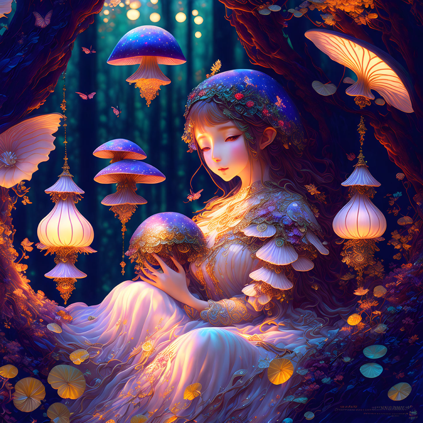 Woman in fantastical forest with glowing mushrooms and lanterns