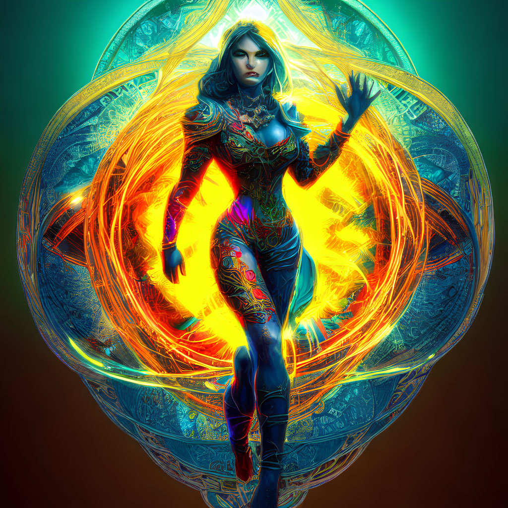 Digital artwork: Woman in blue armor with fiery energy and mystical symbols on teal background