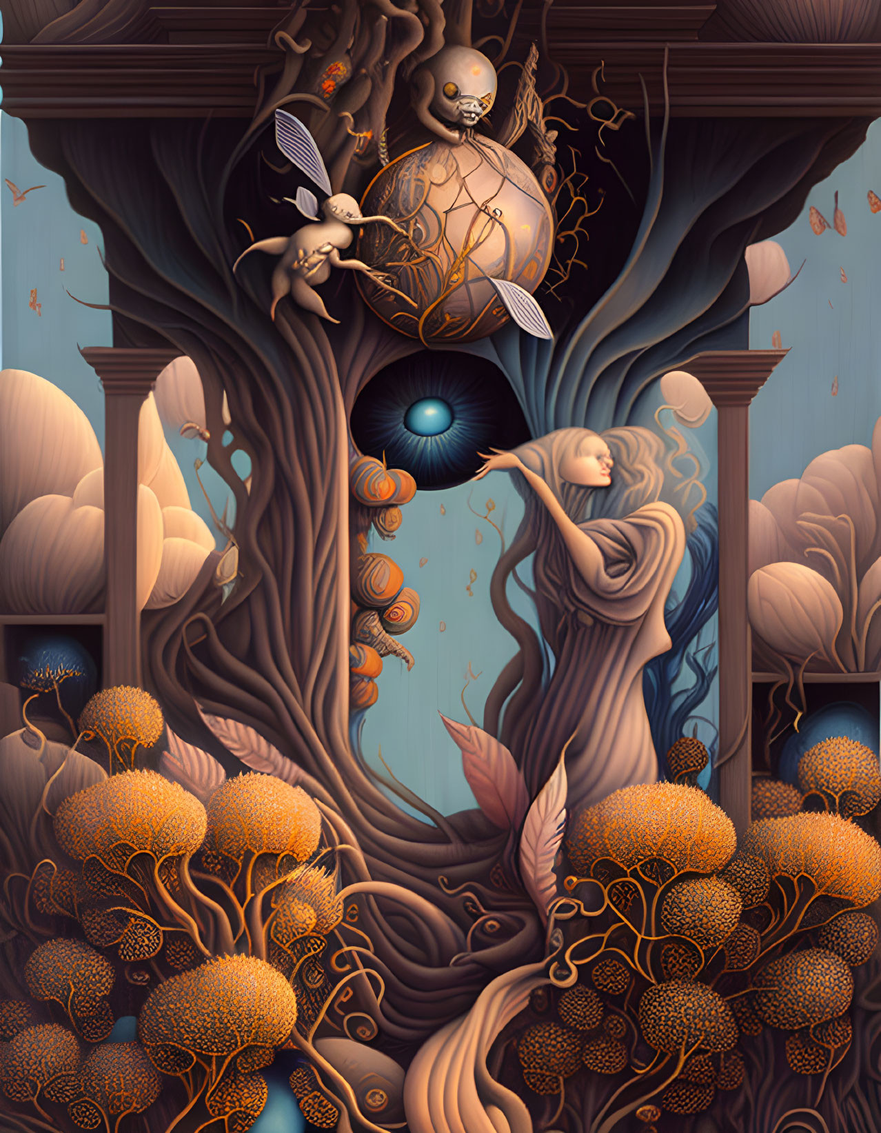 Surreal illustration of woman reaching for glowing orb with nature and fantasy elements