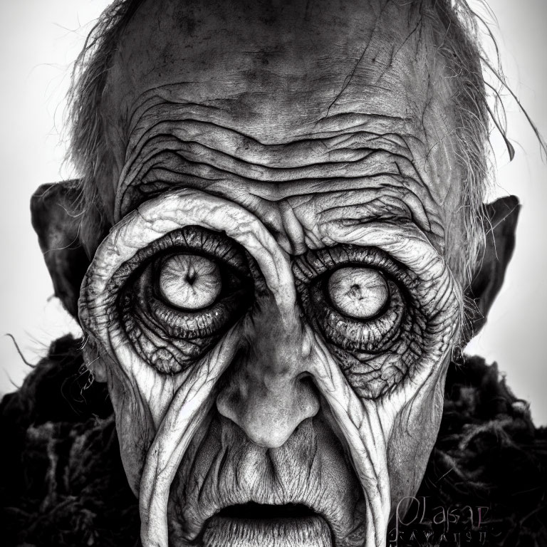 Close-up Black and White Portrait of Elderly Person with Wrinkled Skin and Piercing Eyes