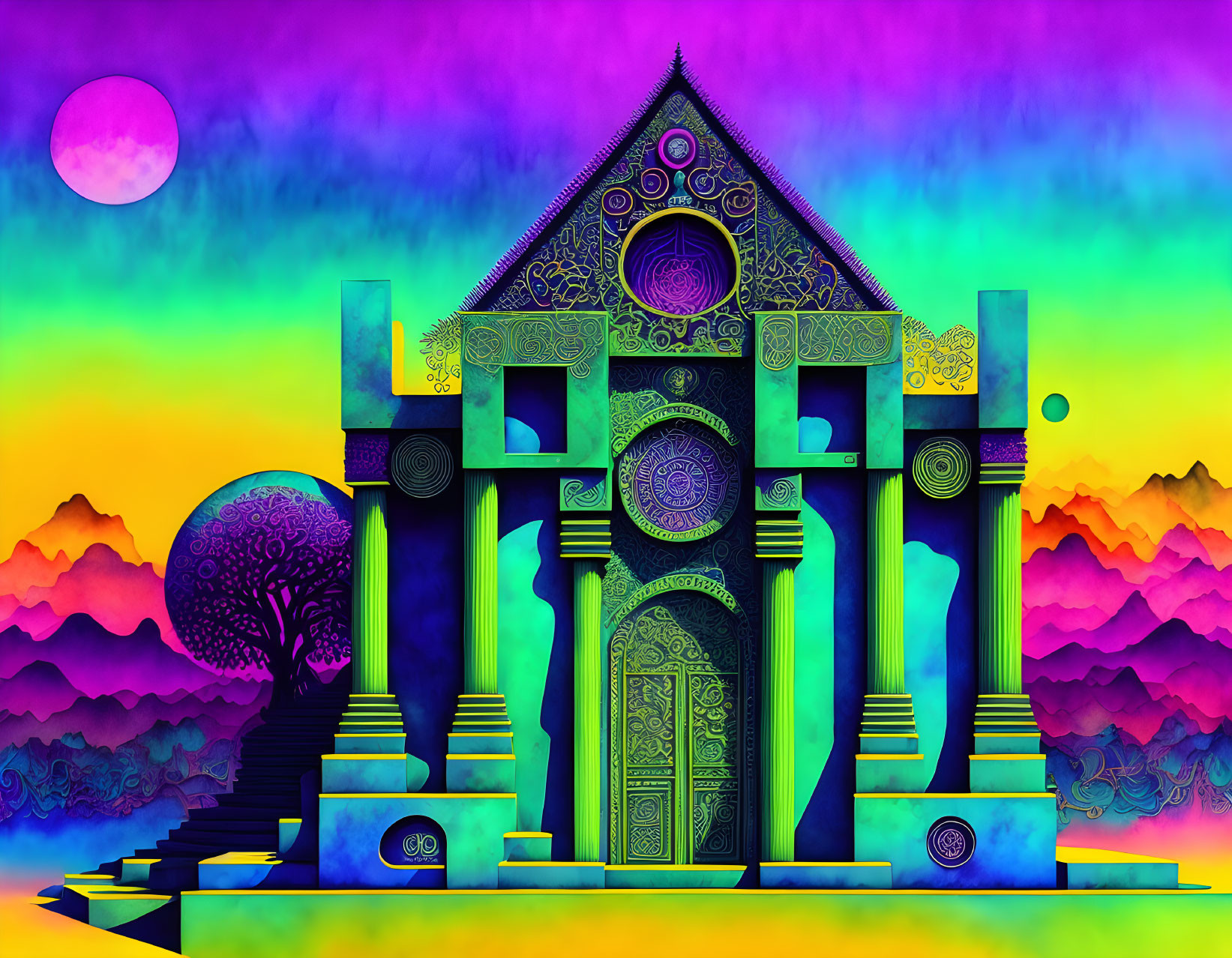 Colorful digital artwork: Stylized temple in surreal landscape