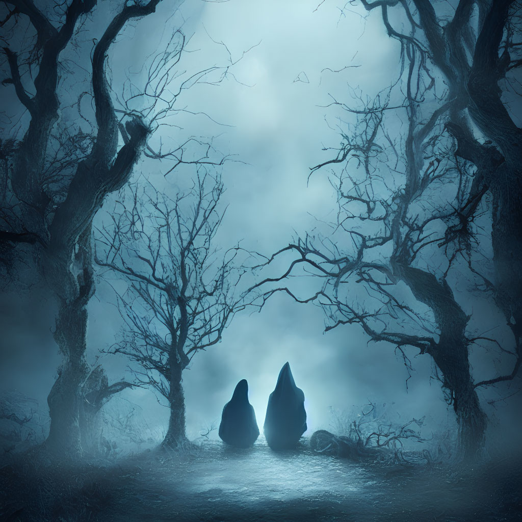 Silhouetted figures in eerie, foggy forest with gnarled trees