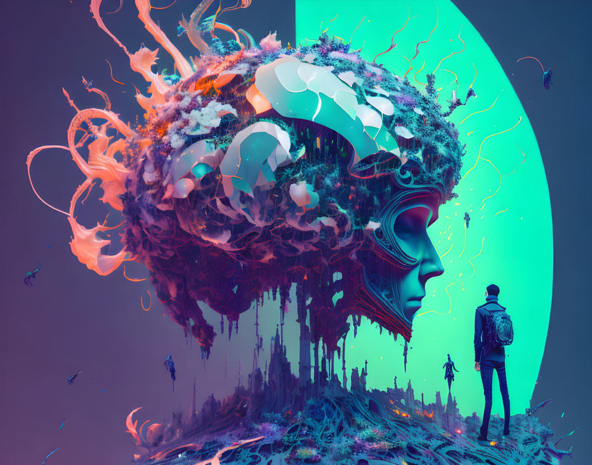 Surreal artwork: person, floating head, cityscape, nature, flowing forms, neon cres