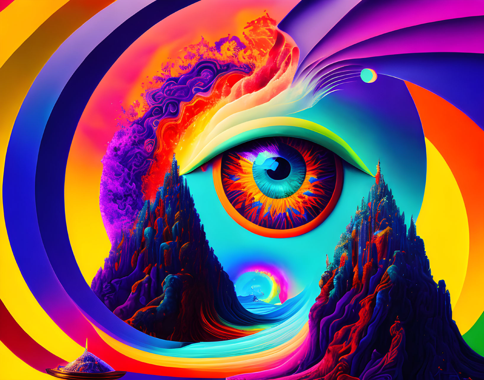 Colorful psychedelic artwork with central eye and swirling patterns