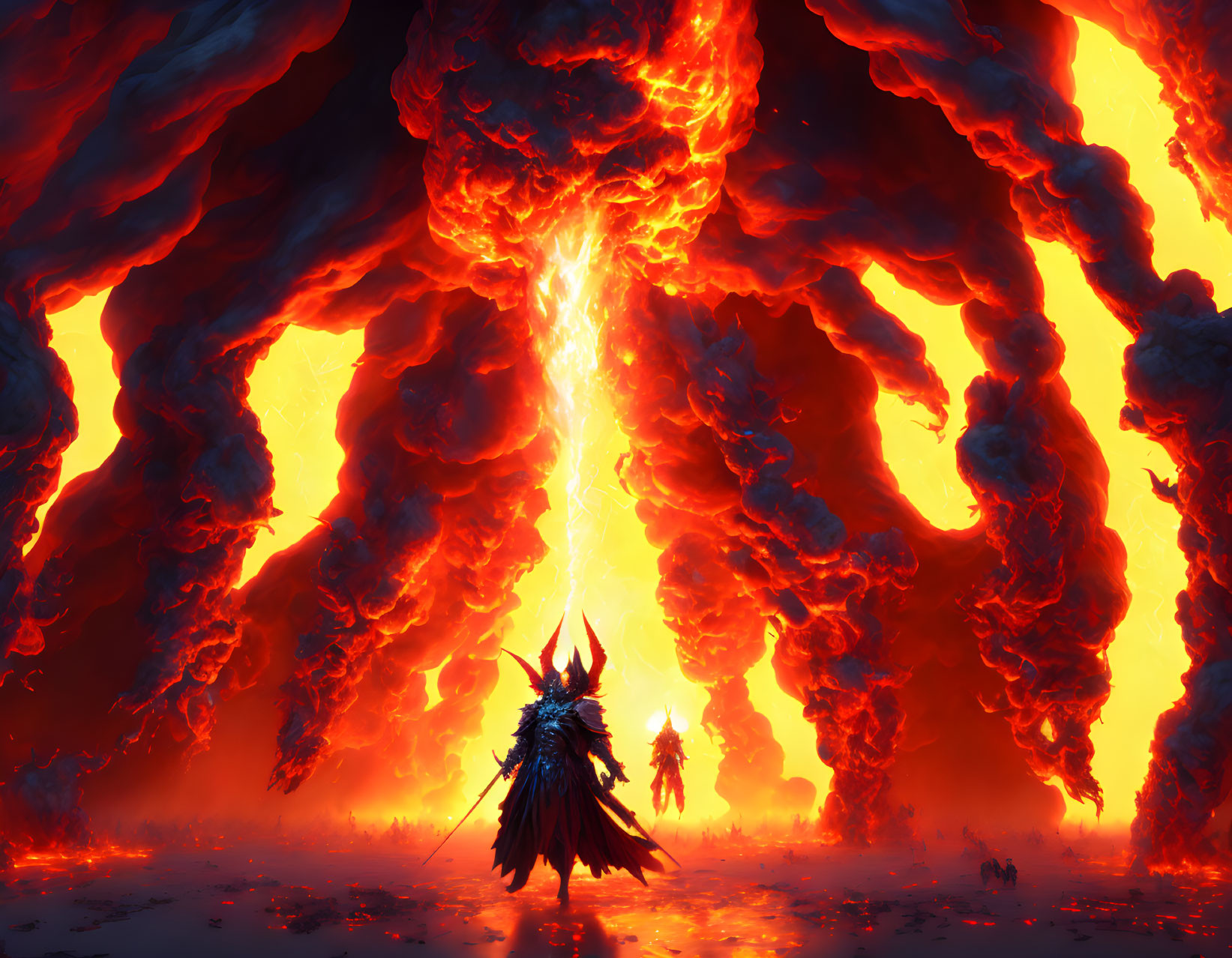 Fantasy scene: Armored figure confronts volcanic eruption with fiery sky.