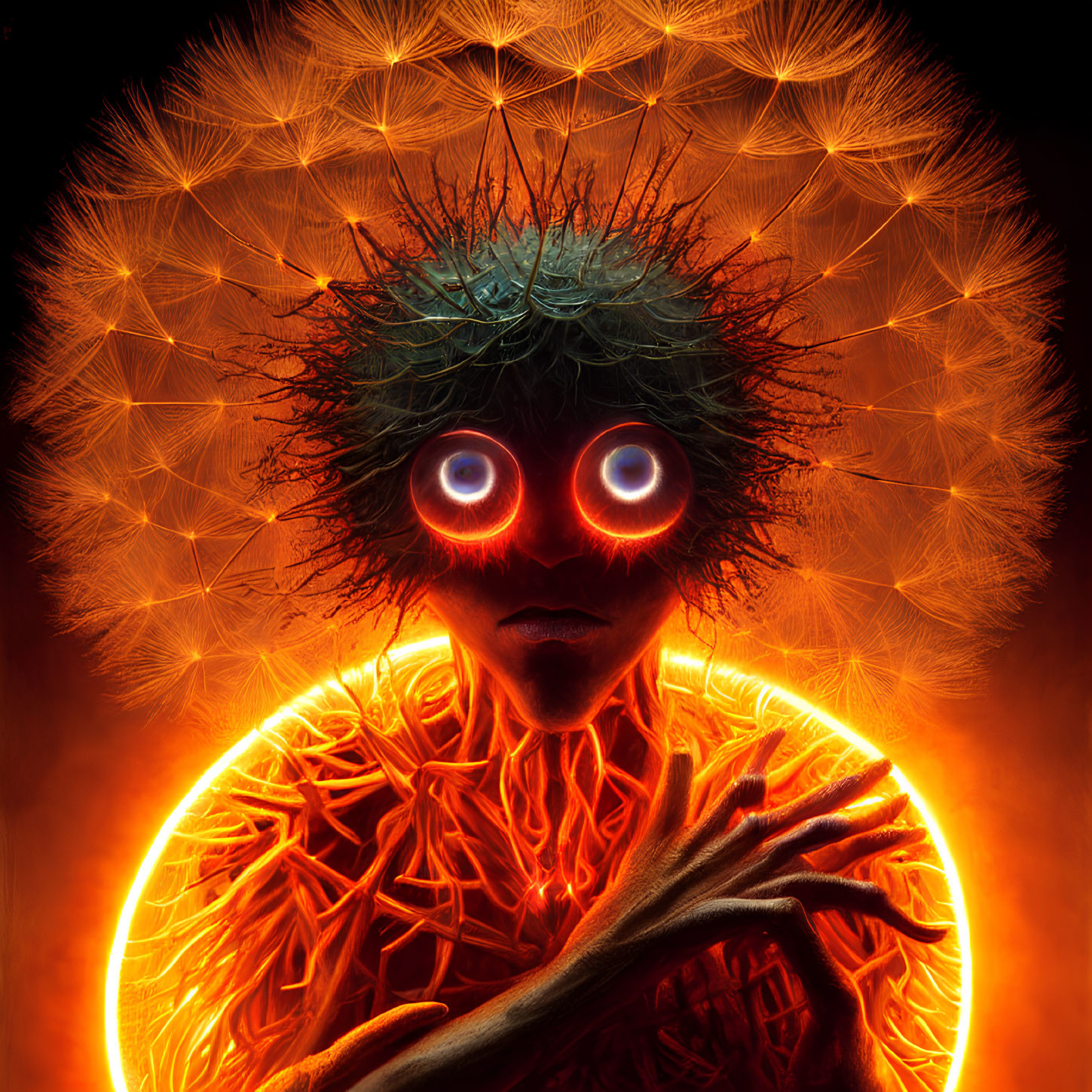 Surreal figure with glowing red eyes and dandelion-seed head in fiery orange setting