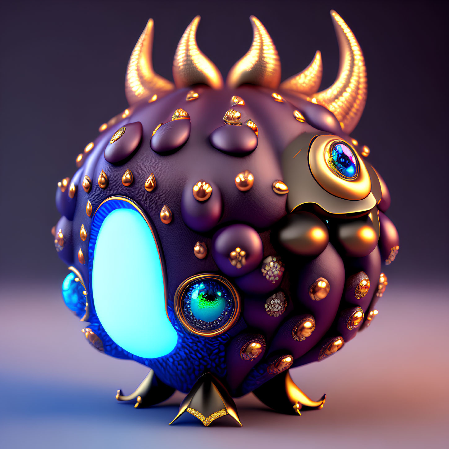 Spherical creature with horns and multiple eyes on purple background