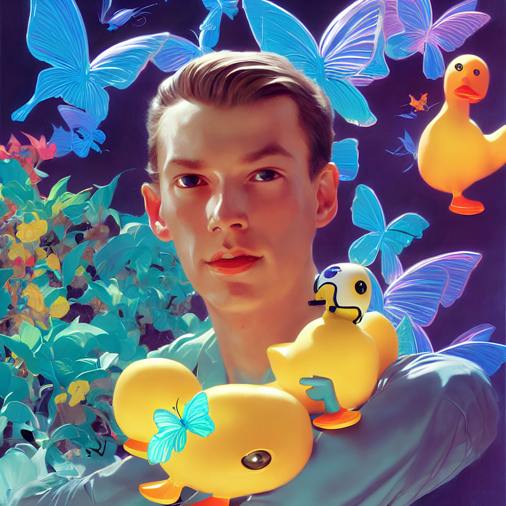 Person with Blue Butterflies, Yellow Ducks, and Green Foliage