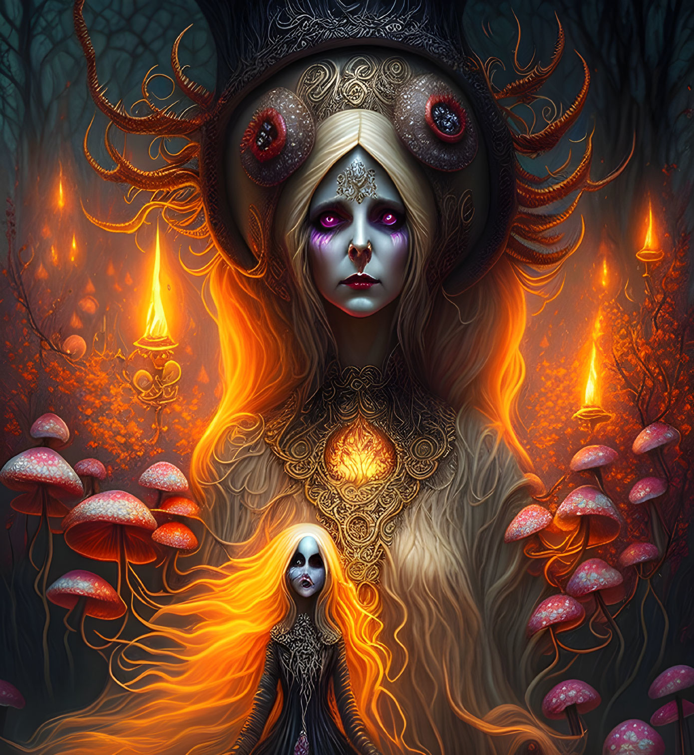 Illustrated mystical female figure with glowing eyes in enchanted forest.