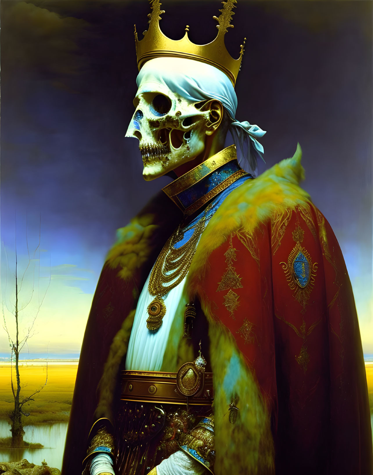 Regal Skeleton in Gold Crown and Royal Attire on Dusk Landscape