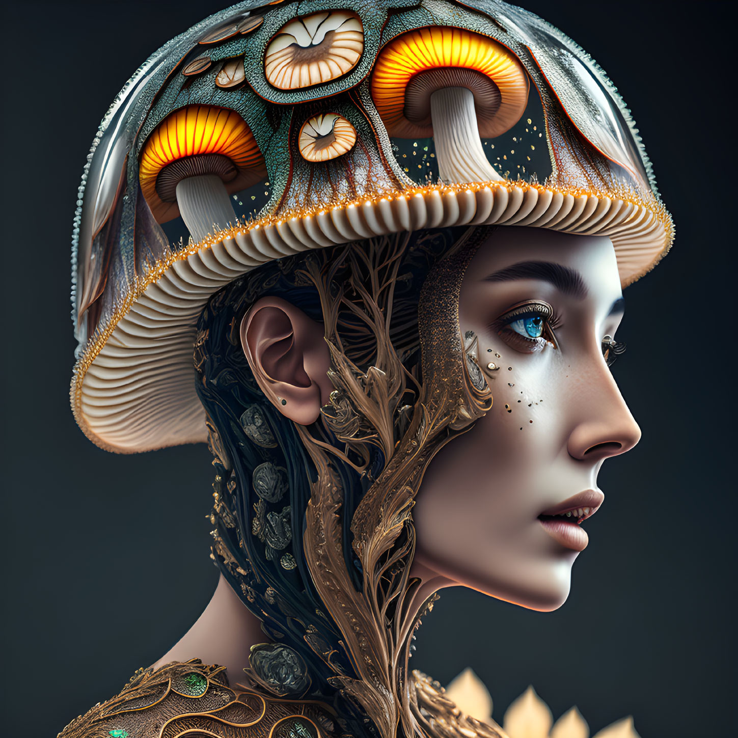 Digital portrait of woman with mushroom cap headpiece and botanical details