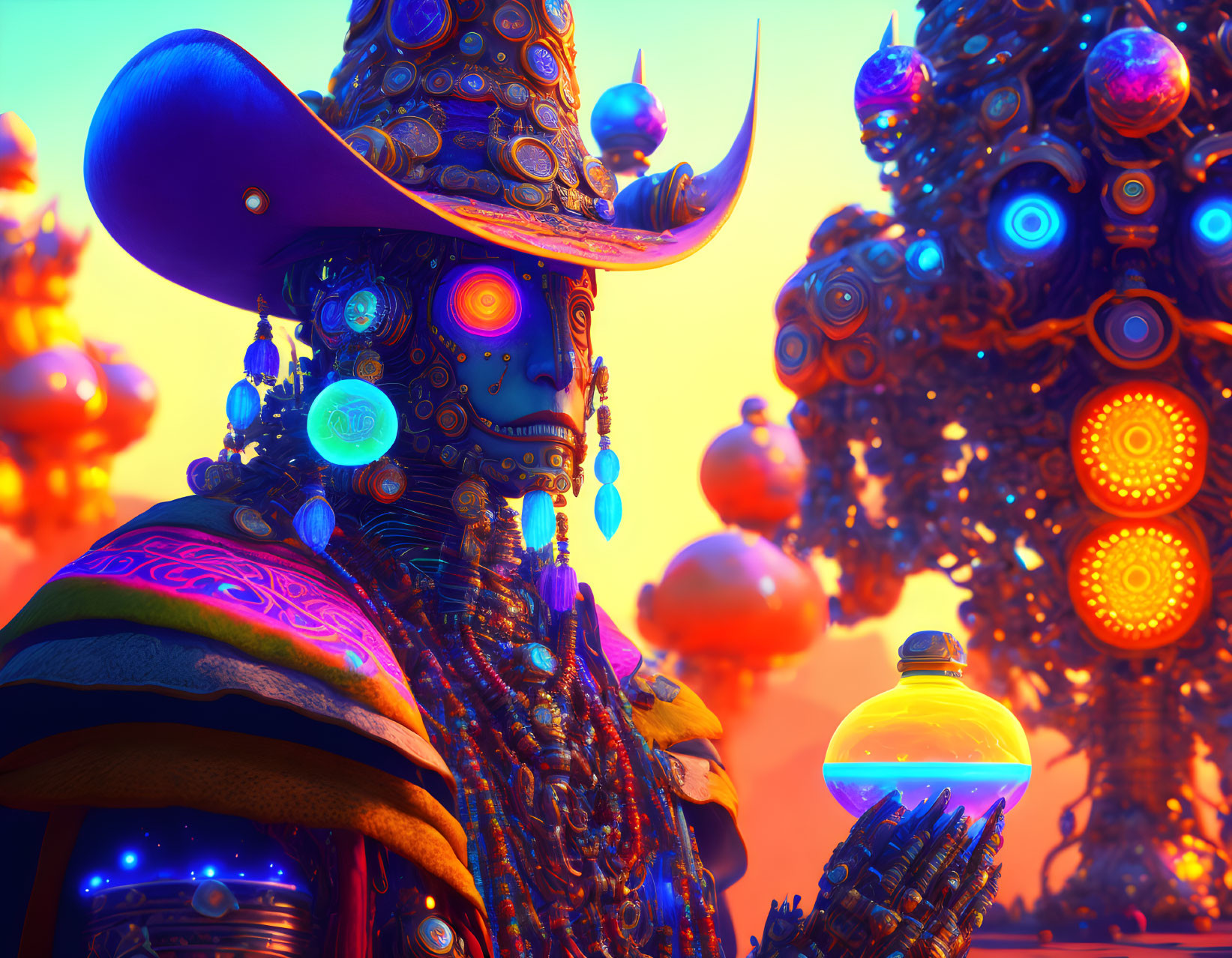 Colorful digital artwork: character in cowboy hat with futuristic armor and glowing orbs.